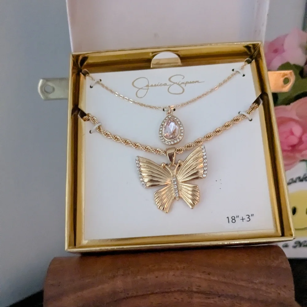 Jessica Simpson Gold Necklace Set with Butterfly Pendant - Picture 2 of 2